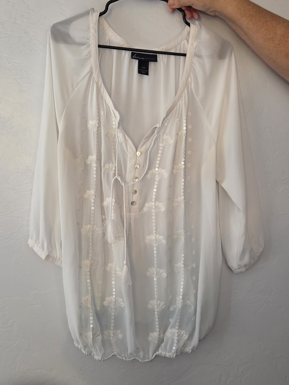 Lane Bryant Ivory Embroidered Sequin Peasant Tunic